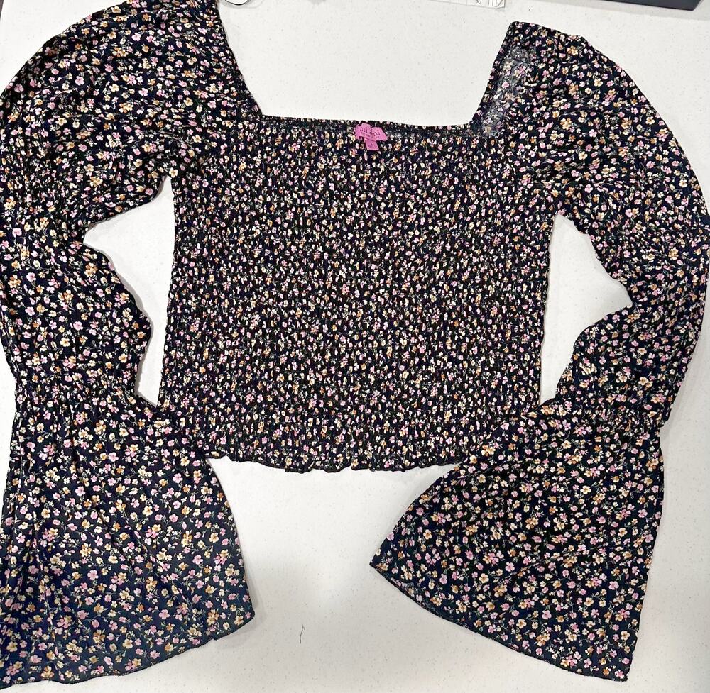 Francescas Mi Ami Ditsy Floral Top Womens L Black Square Neck Long Bell Sleeves